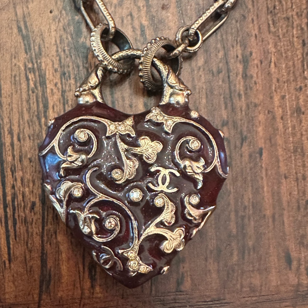 Chanel Vintage Cloisonné Style Heart Pendant with Crystal Accents